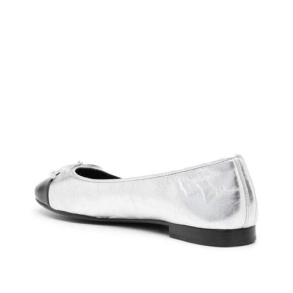 Tory Burch Leather Silver Black Cap Toe Double T Bow Ballet Flats 6 - Picture 7 of 10
